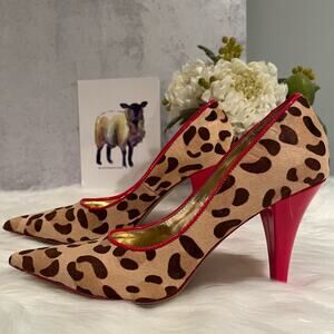Martinez Valero Leather Calf Hair Leopard Multi Tone Heels Pumps Camel Red 5.5